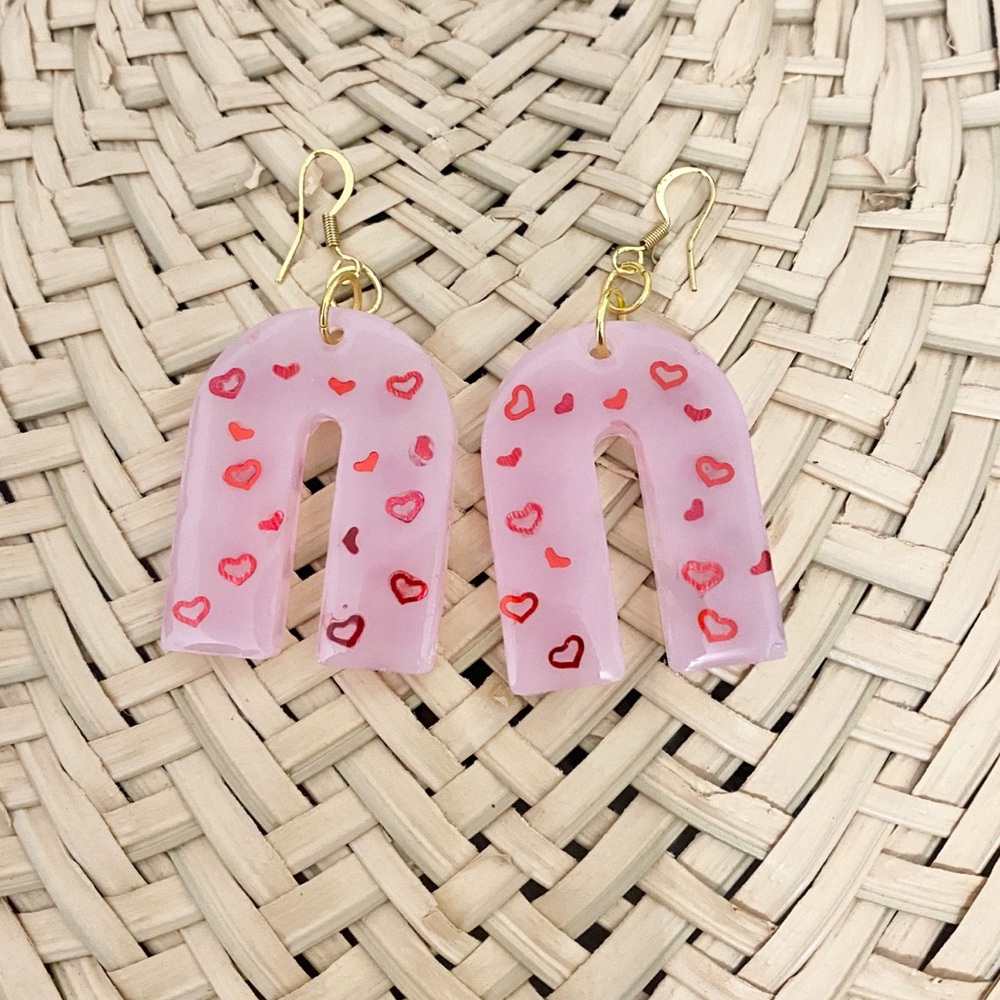 Pink Arch Earrings with Heart Design